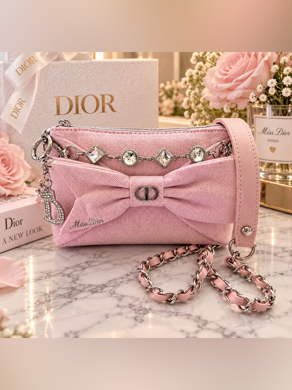 Dior Light Pink Bow Crystal Chain Crossbody Bag